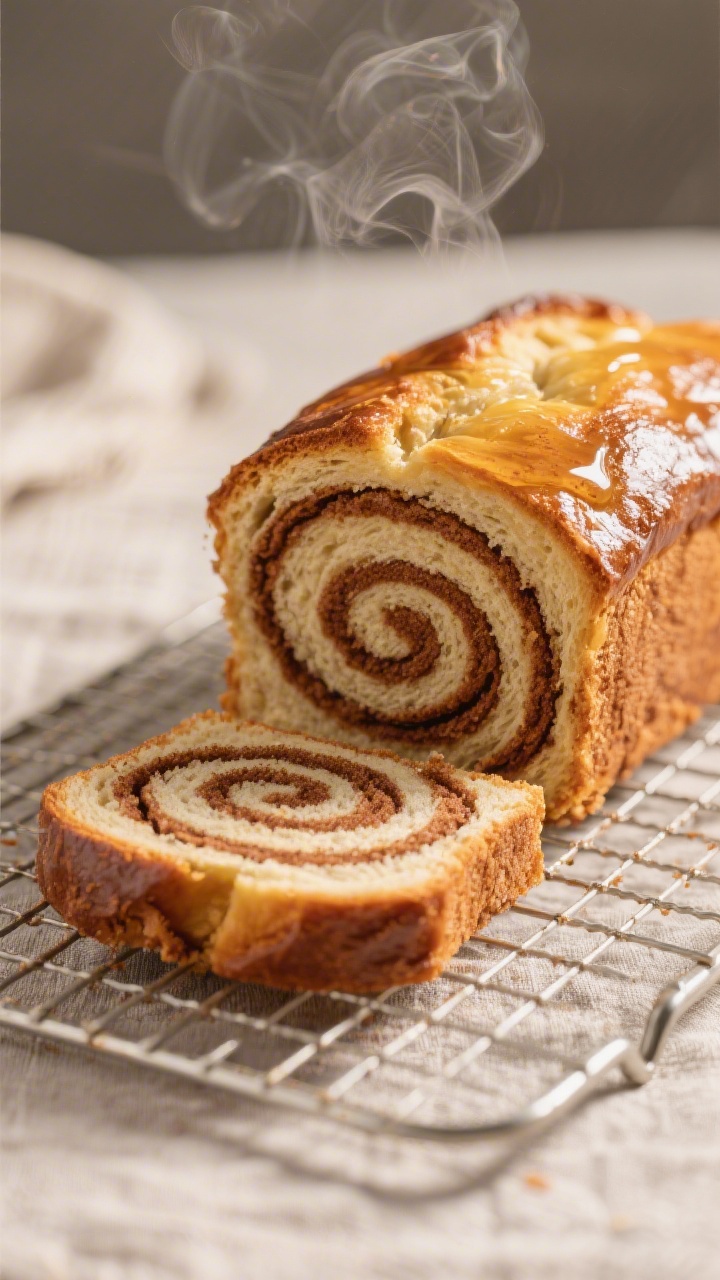 Close-up detail: A freshly baked cinnamon-sugar swirl loaf just out of the pan, golden-brown crust b
