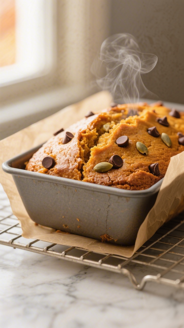 Close-up detail: A freshly baked pumpkin chocolate chip loaf just lifted out of the pan with a parch
