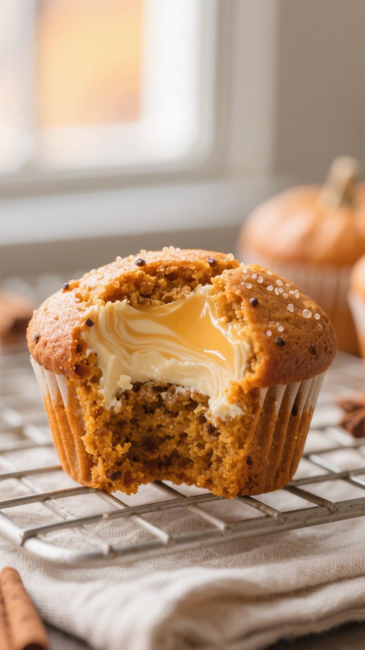 Close-up detail: A freshly baked pumpkin cream cheese muffin torn open to reveal the creamy, tangy c