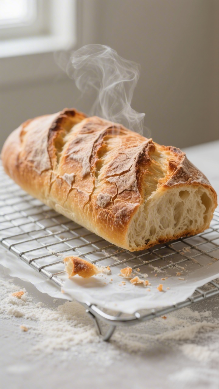 Close-up detail: A just-baked French bread batard on a wire rack, crust deep golden-brown with blist