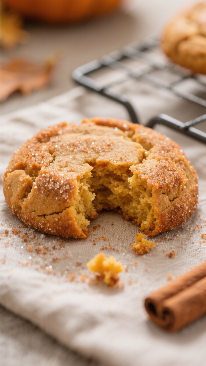 Close-up detail: A just-baked pumpkin snickerdoodle cookie torn open to reveal its pillowy, cake-lik