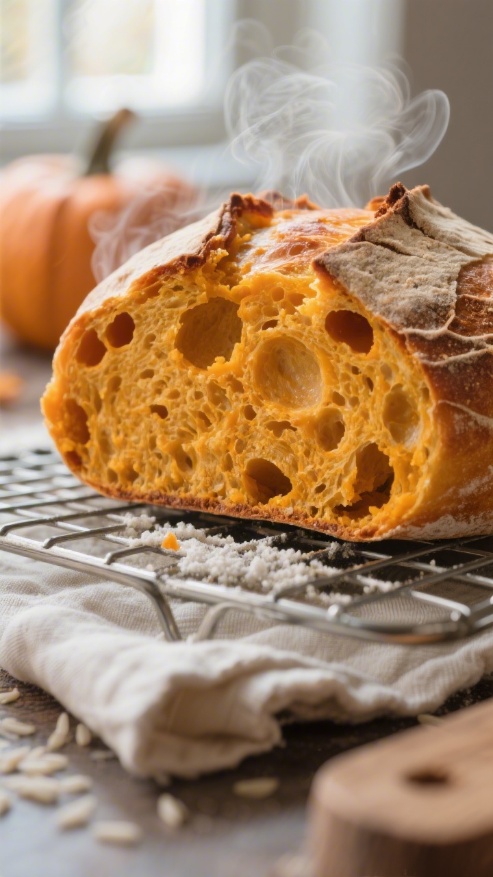Close-up detail: A just-baked pumpkin sourdough boule cracked open to reveal a moist, tender golden-