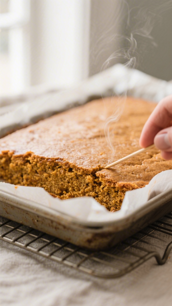 Close-up detail: A just-baked pumpkin spice sheet cake still in the parchment-lined 9x13 pan, surfac