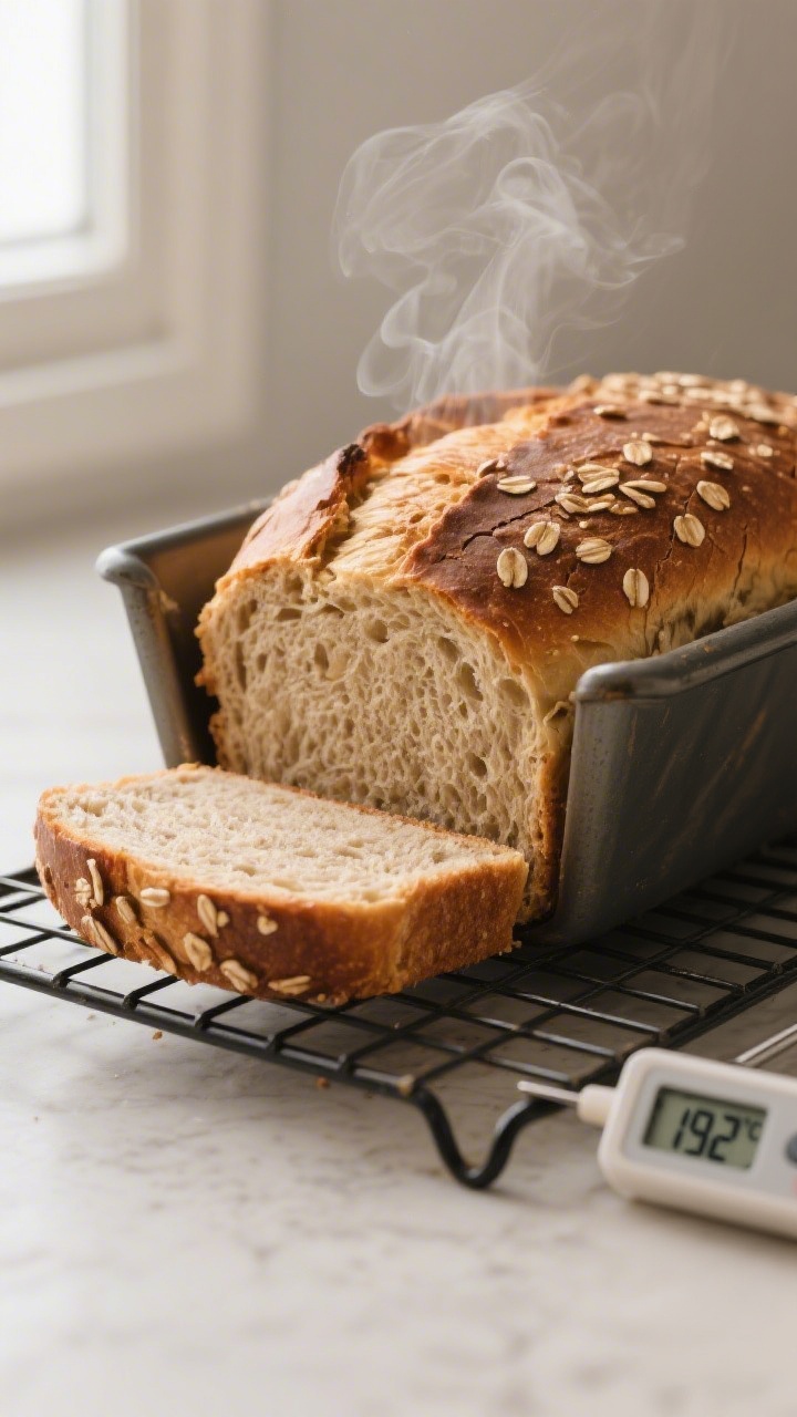 Close-up detail: A just-baked wheat bread loaf resting out of the pan on a wire rack, deep golden-br