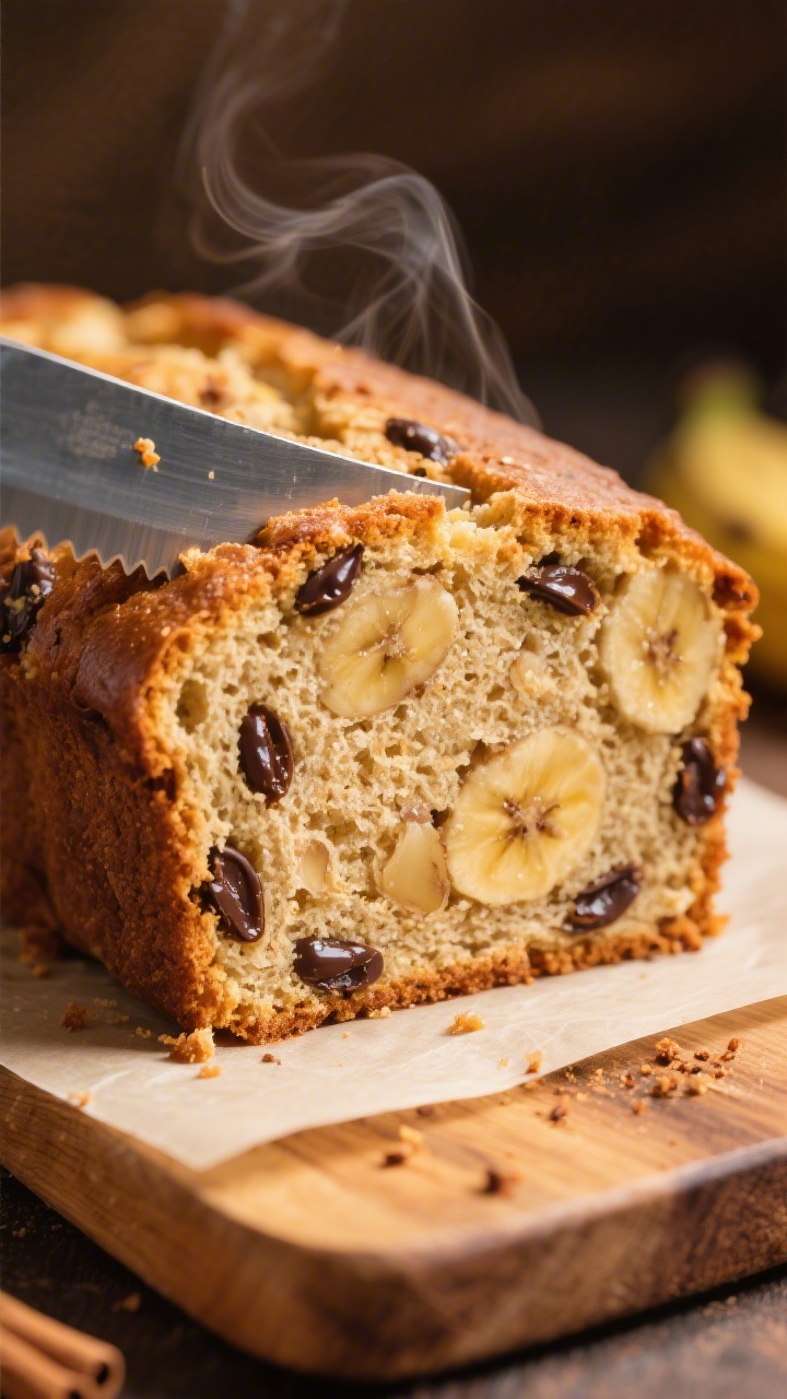 Close-up detail: A thick, golden-brown slice of almond flour banana bread just cut with a serrated k