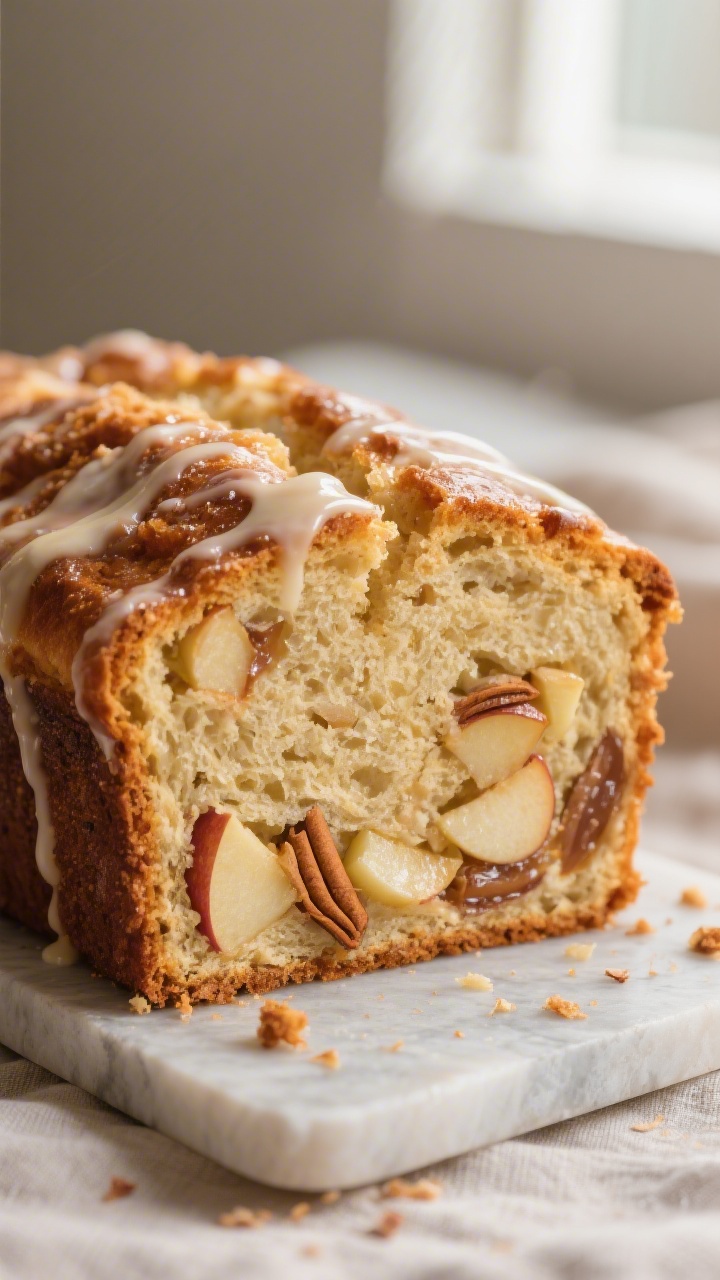 Close-up detail: A thick slice of apple fritter bread just cut from the cooled loaf, showing buttery