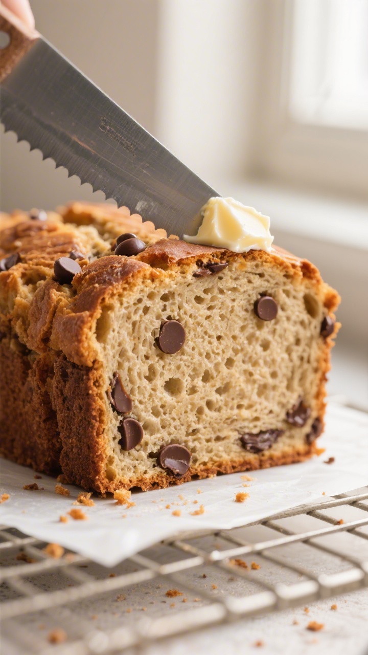 Close-up detail: A thick slice of baked sourdough banana bread just cut with a serrated knife, showi