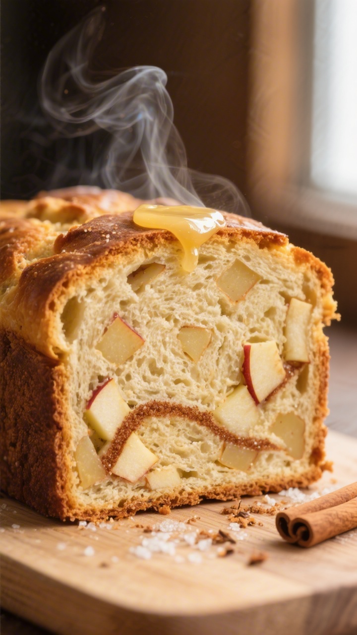 Close-up detail: A thick slice of freshly baked apple cinnamon bread, showing the moist, tender crum