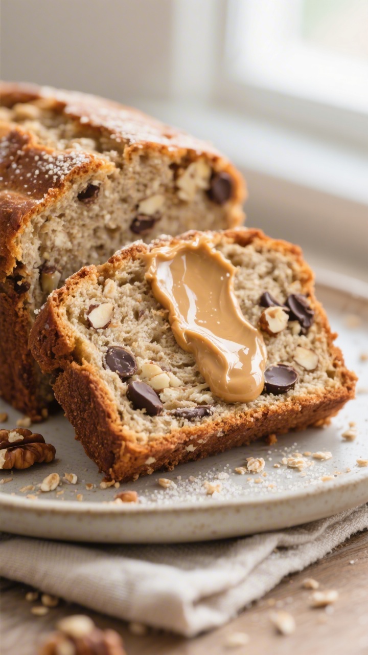 Close-up detail: A thick slice of healthy banana bread just cut from the cooled loaf, toasted edges
