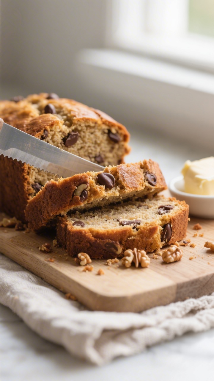 Close-up detail: A thick, warm slice of vegan banana bread just cut with a serrated knife, showing a