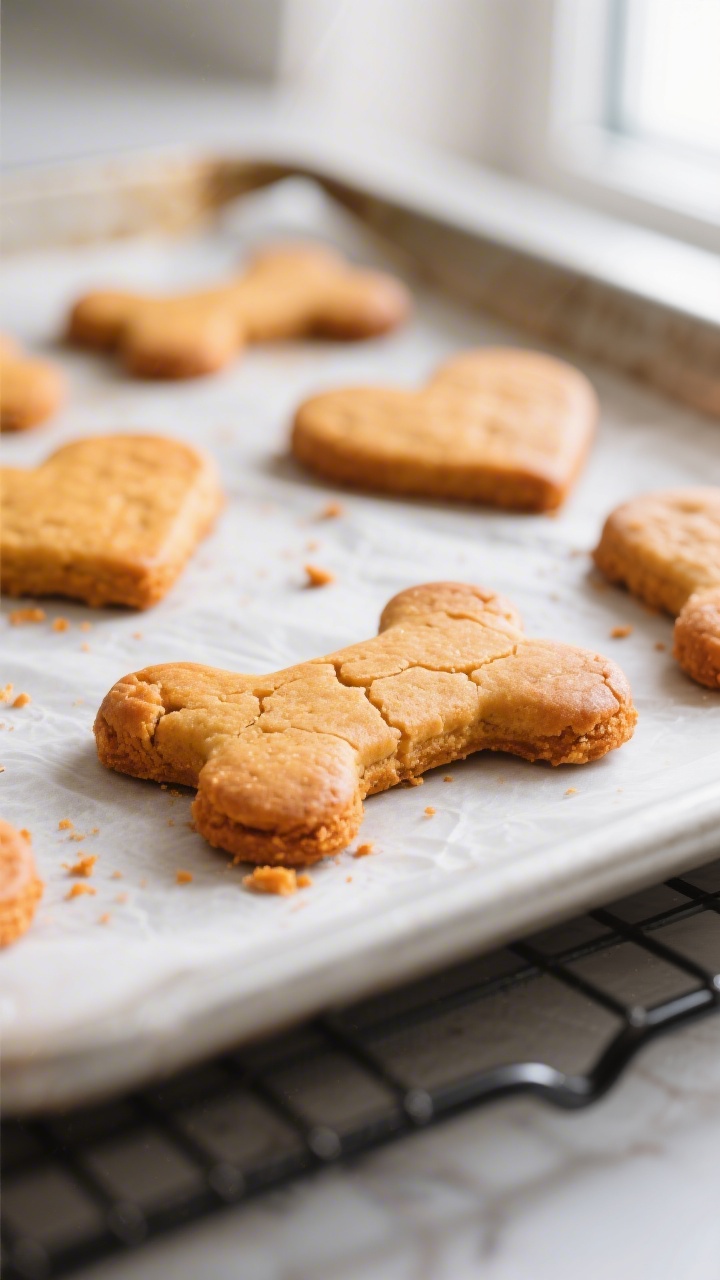 Close-up detail: A tray of freshly baked pumpkin dog biscuits just out of the oven, lightly golden e