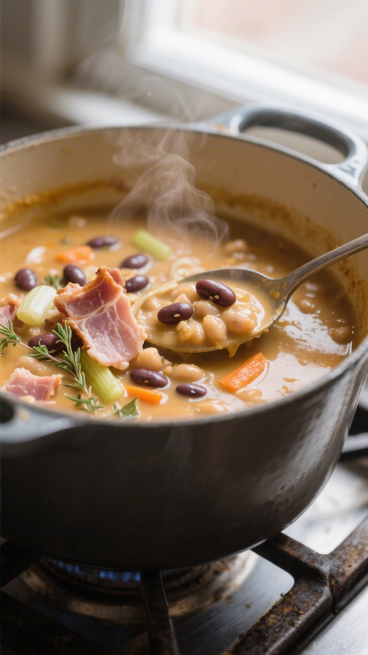 Close-up detail: Creamy ham and bean soup simmering in a heavy pot, showcasing tender navy beans bur