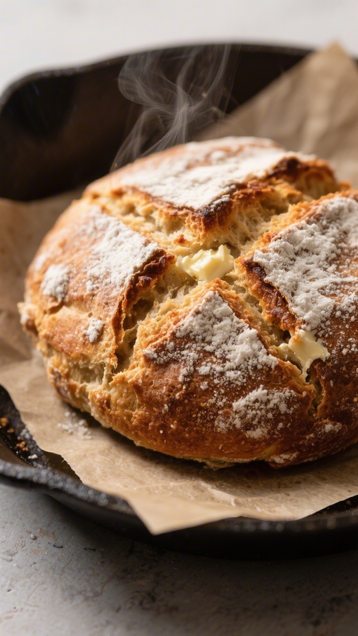 Close-up detail: Crusty, freshly baked soda bread loaf just out of the oven, deep golden-brown crust