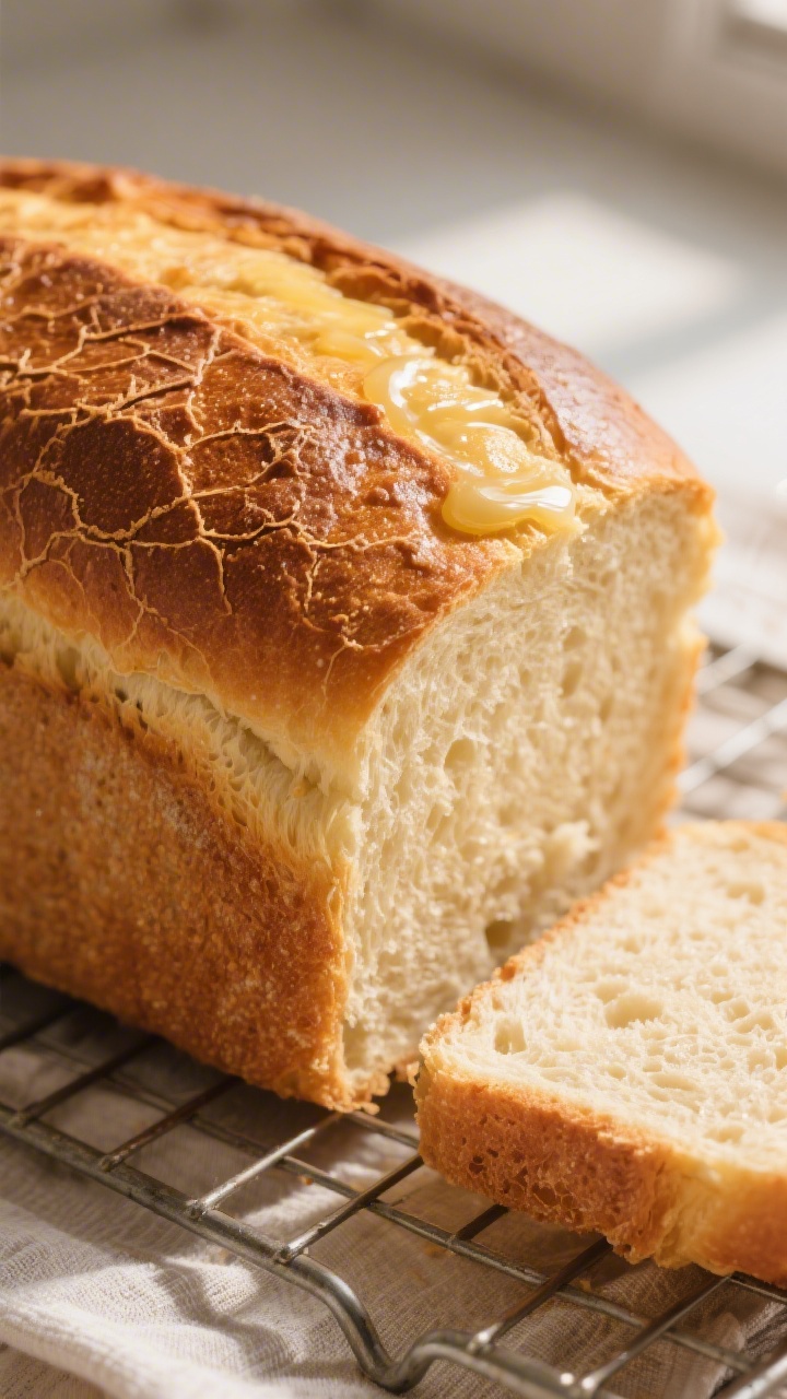 Close-up detail: Freshly baked classic yeast loaf just turned out onto a cooling rack, deeply golden