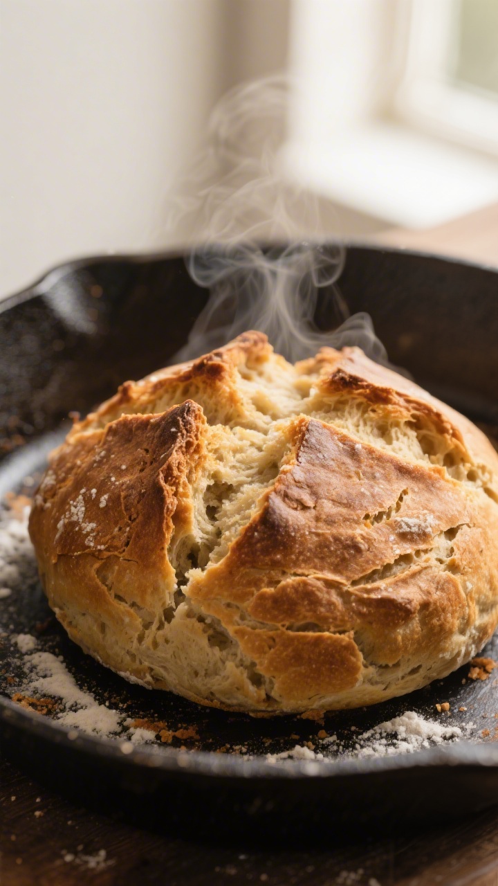 Close-up detail: Freshly baked Irish soda bread just out of the oven, deep golden crust with a prono