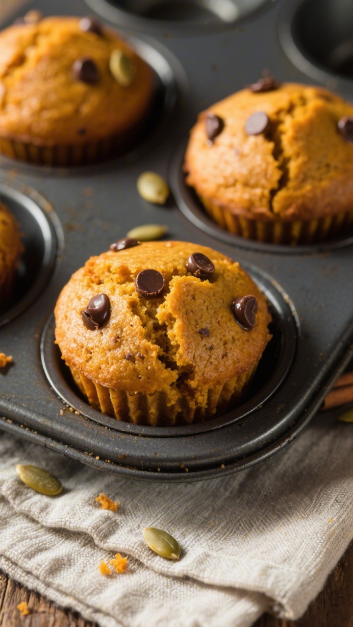 Close-up detail: Freshly baked pumpkin muffins just out of the pan, golden-brown domed tops with a g