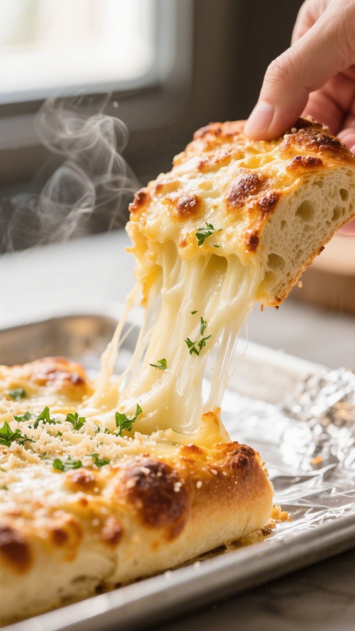 Close-up detail: Garlic cheese bread fresh from the oven, cheese melted and bubbling with golden-bro