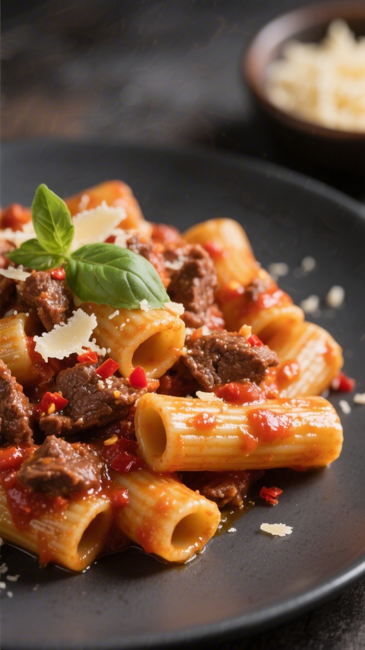 Close-up detail: Glossy rigatoni tossed in a rich beef-tomato sauce, flecked with caramelized browne