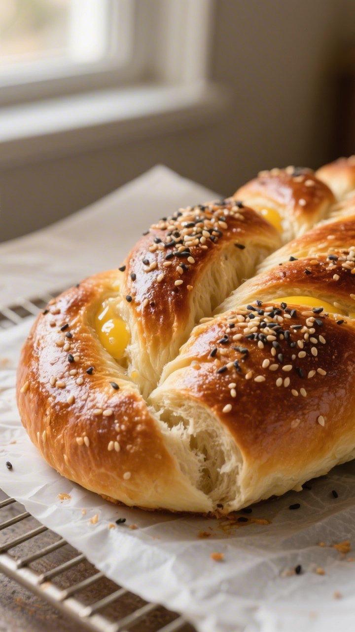 Close-up detail of a freshly baked 3-strand challah just out of the oven, deep golden crust with a g