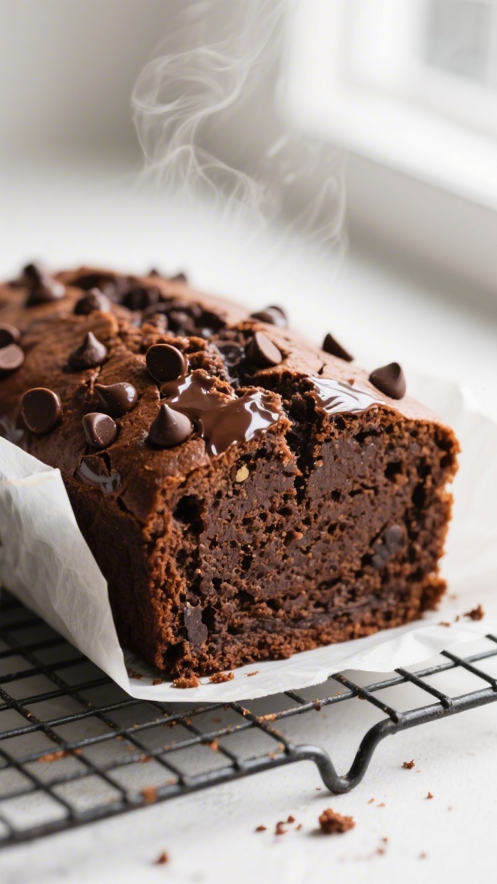 Close-up detail of freshly baked chocolate banana bread loaf cooling on a wire rack, the cracked top