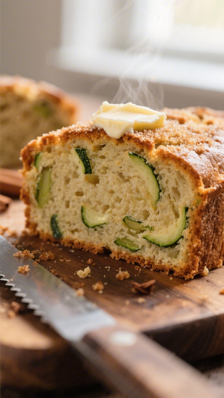 Close-up detail of freshly baked zucchini bread slice with a moist, tender crumb and visible green f