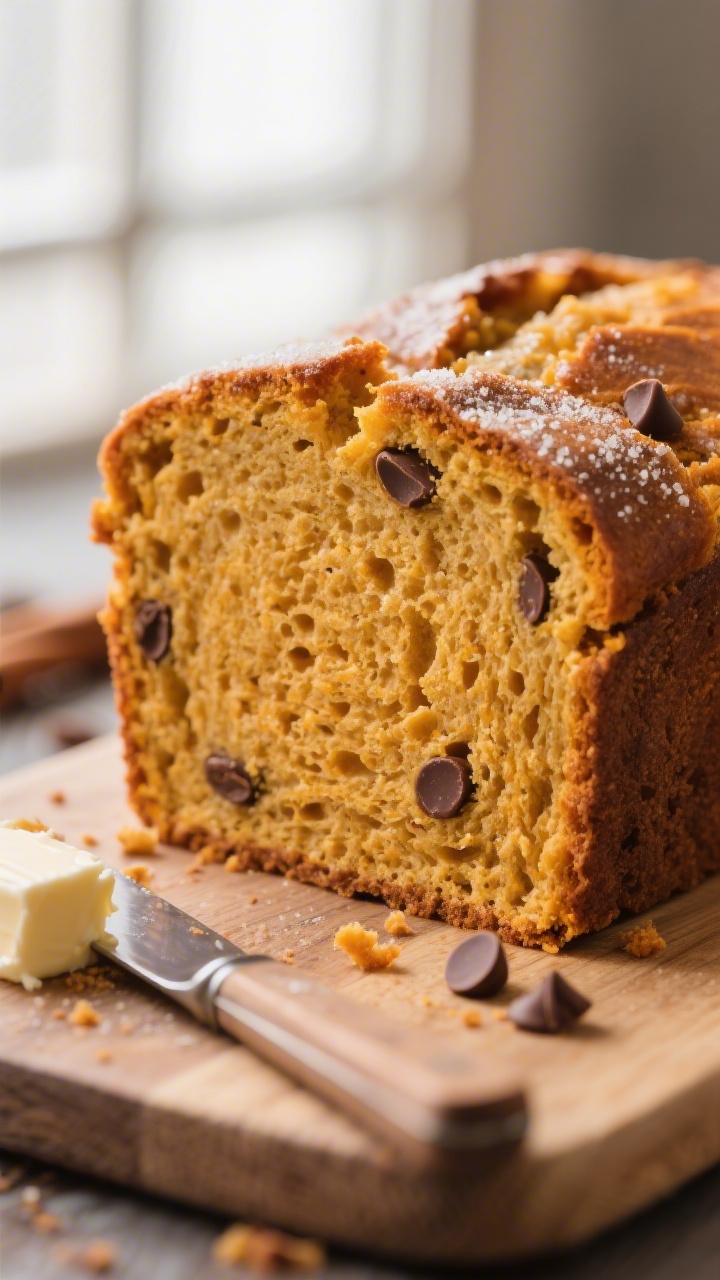 Close-up detail shot: A thick slice of baked pumpkin bread just cut from the loaf, showcasing a mois