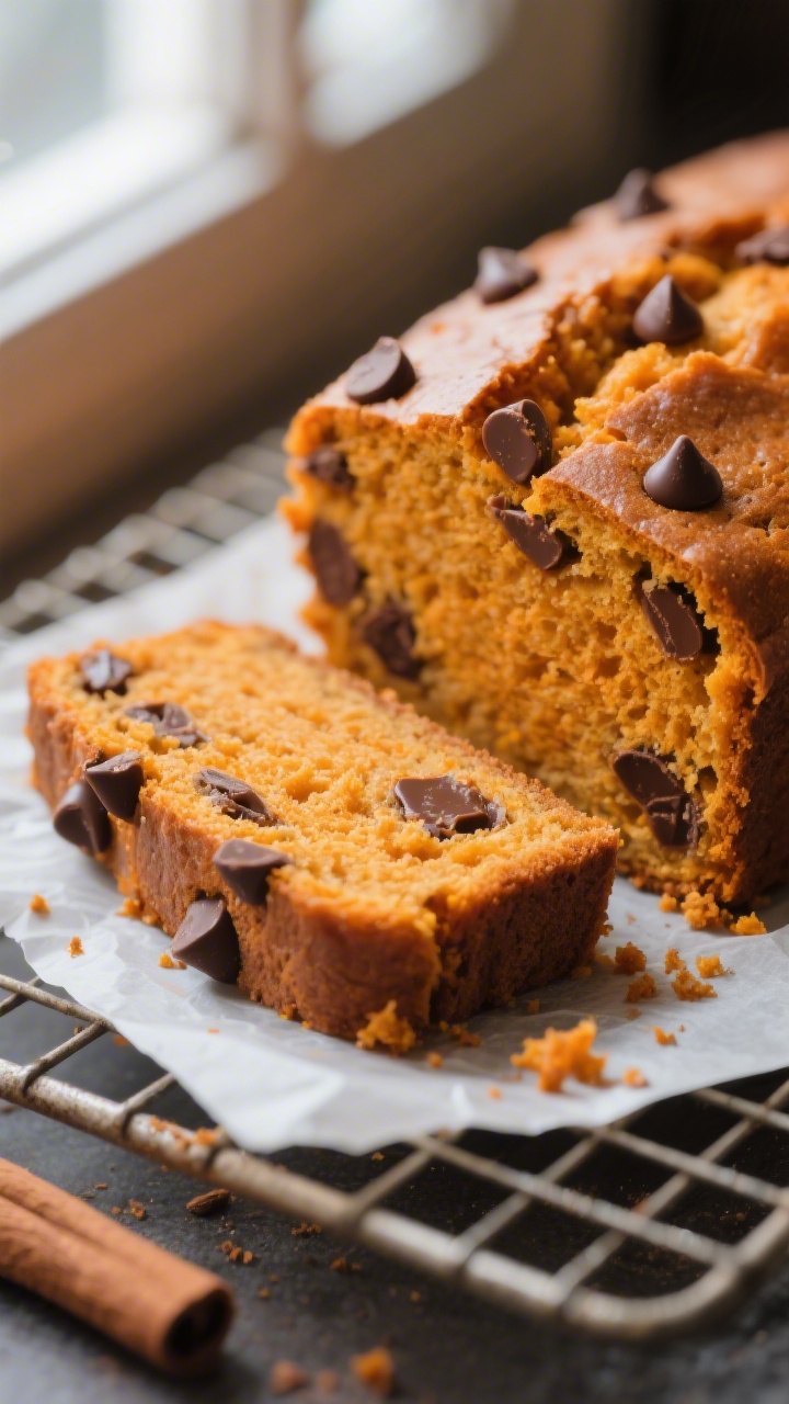 Close-up detail shot of freshly sliced pumpkin chocolate chip bread: focus on the moist, tender crum