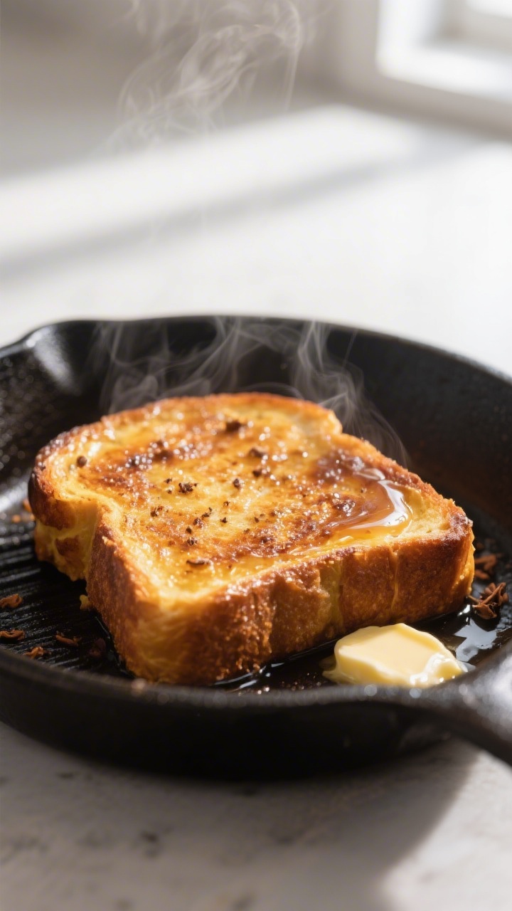Close-up detail shot of golden-brown pumpkin French toast just off the griddle: thick brioche slice