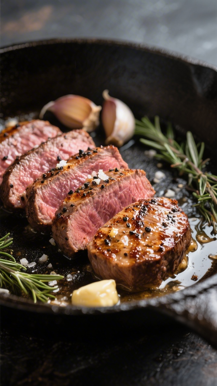 Close-up detail: Sliced beef tenderloin medallions cooked medium-rare, showing a deep golden seared