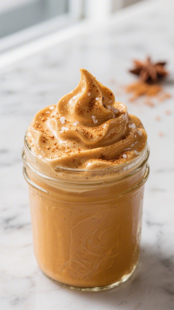Close-up detail: Thick, glossy pumpkin cold foam just after frothing, soft peaks forming in a chille