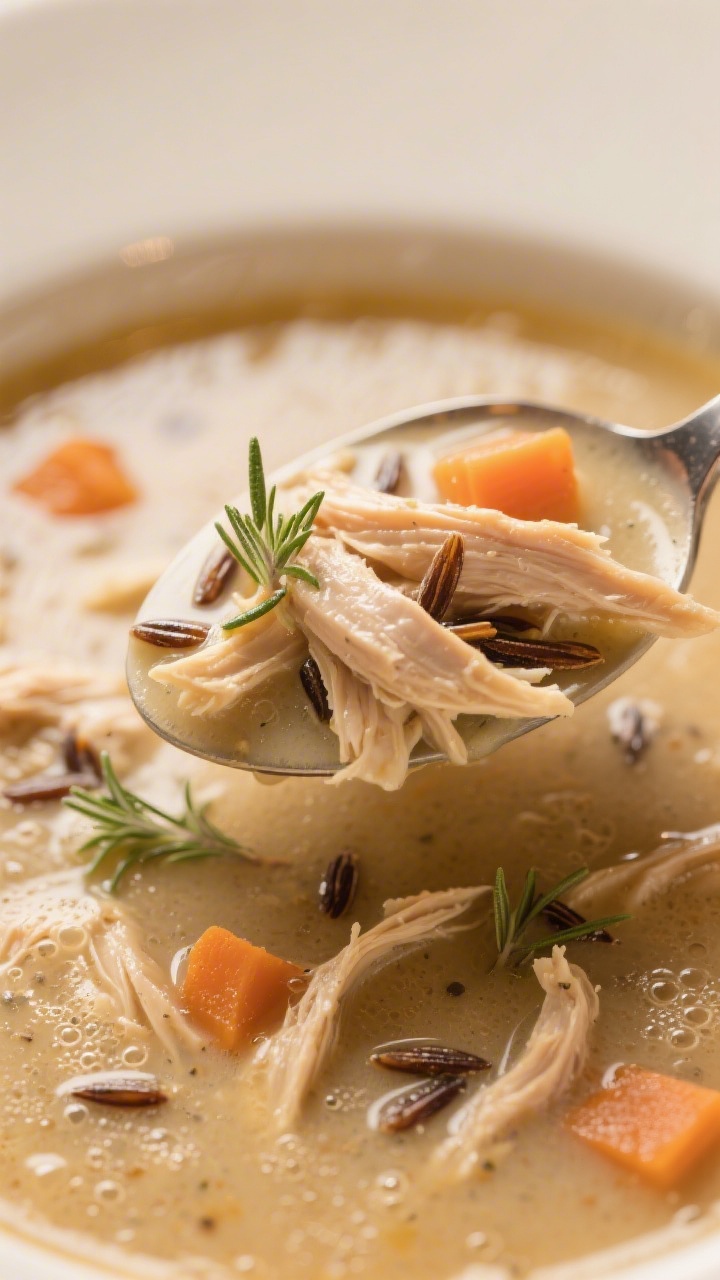 Close-up detail: Ultra close-up of the soup’s luxurious texture—silky, roux-thickened broth coat