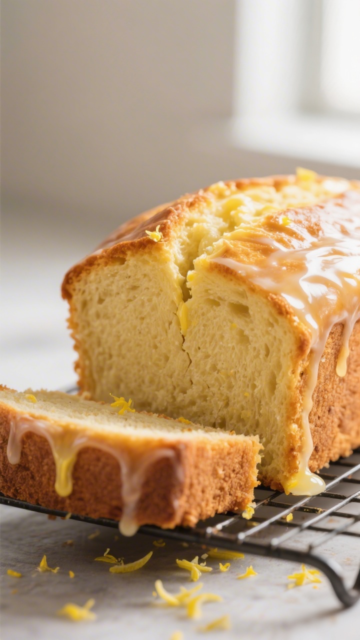 Close-up detail: Warm lemon bread loaf just out of the pan on a cooling rack, golden crust with a na