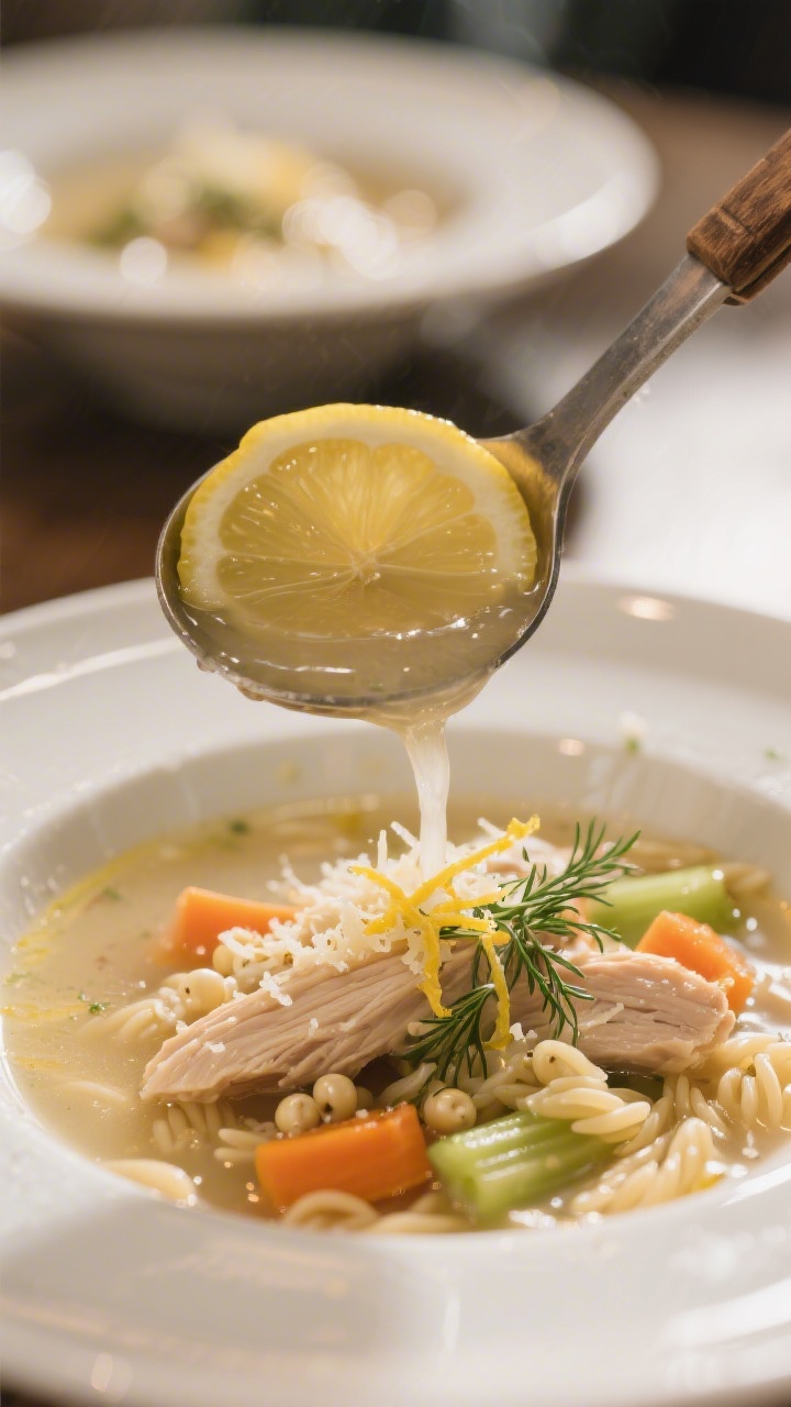 Close-up final dish — Tight, mouthwatering close-up of a ladle pouring silky, lemon-finished broth