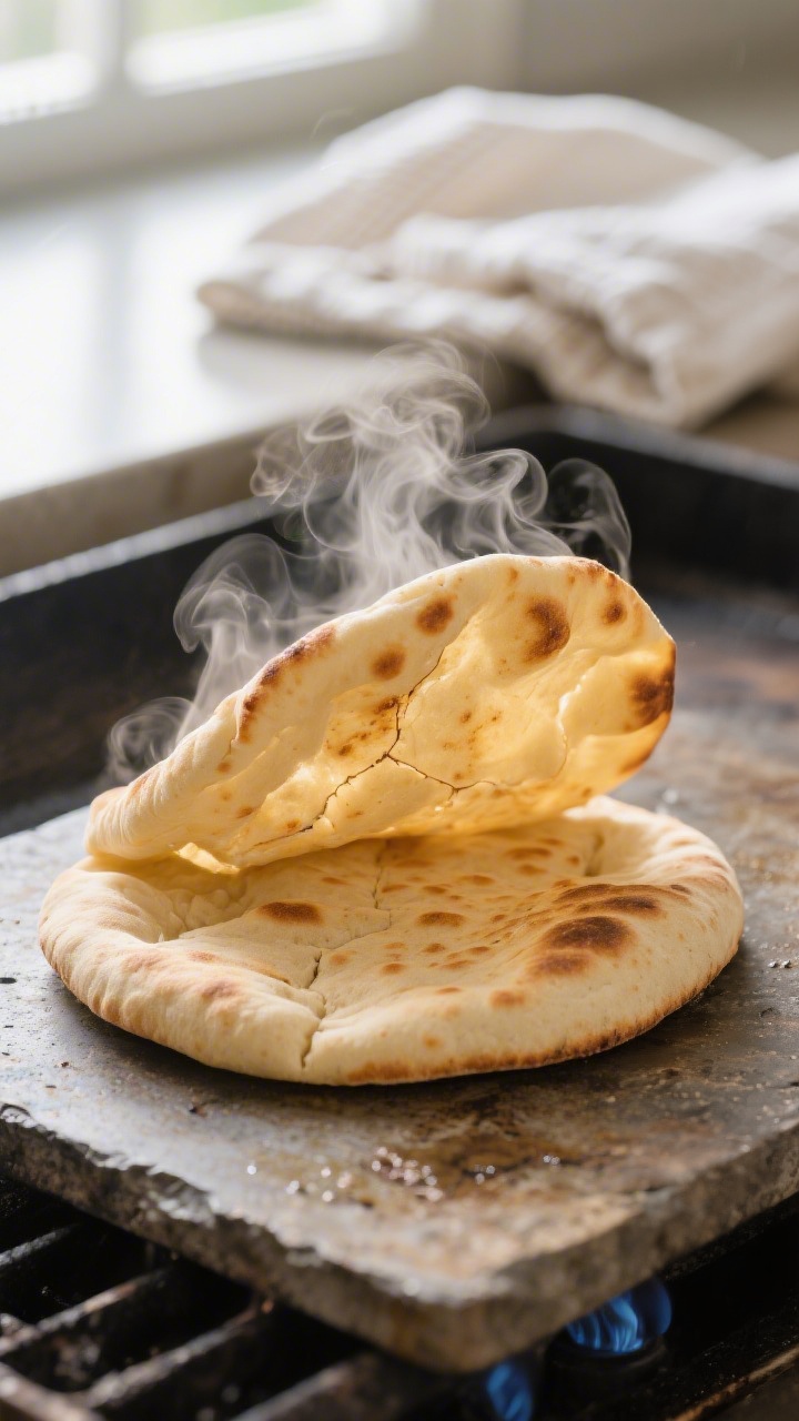 Close-up of freshly baked pita puffing dramatically on a preheated baking stone at 475°F, golden fr