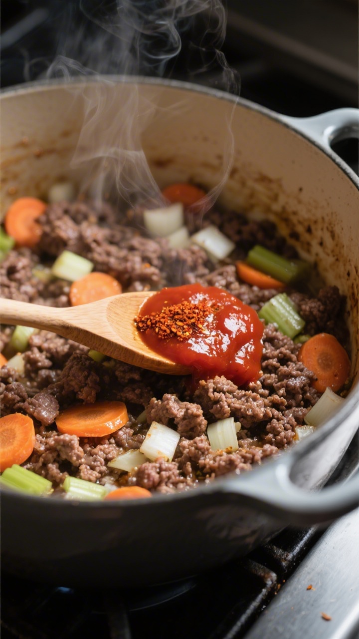 Cooking process – Browning the beef and sautéing aromatics: Close-up of crumbled ground beef sizz