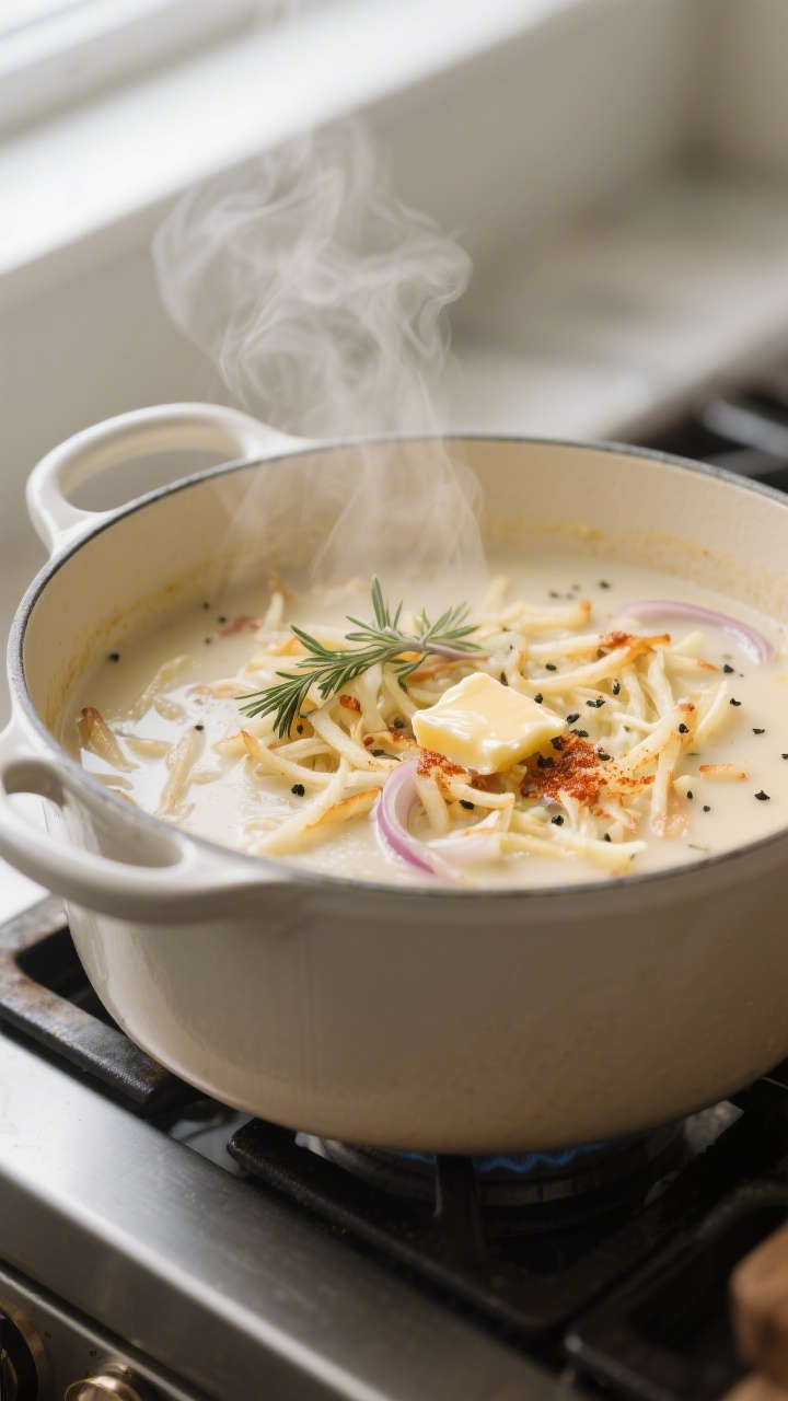Cooking process close-up: A large Dutch oven on the stovetop with the soup at a gentle simmer, showi