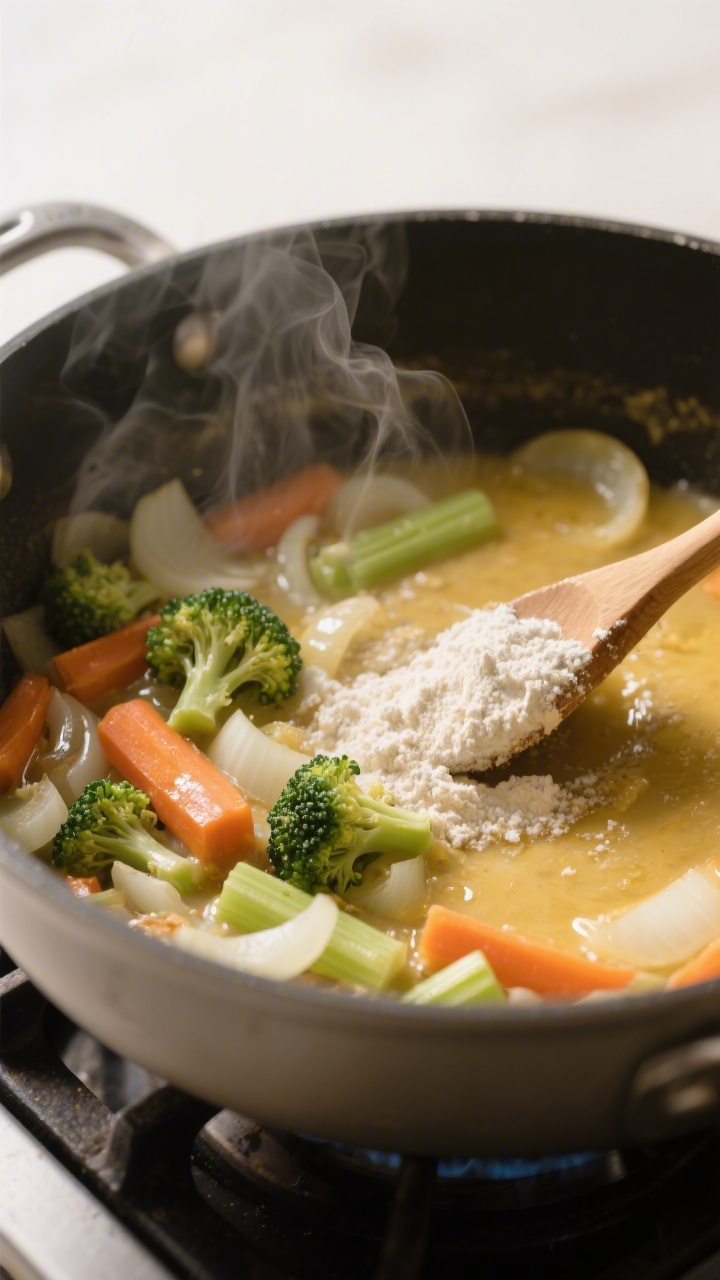 Cooking process, close-up: A large pot on the stovetop with sautéed onions, carrots, and celery jus