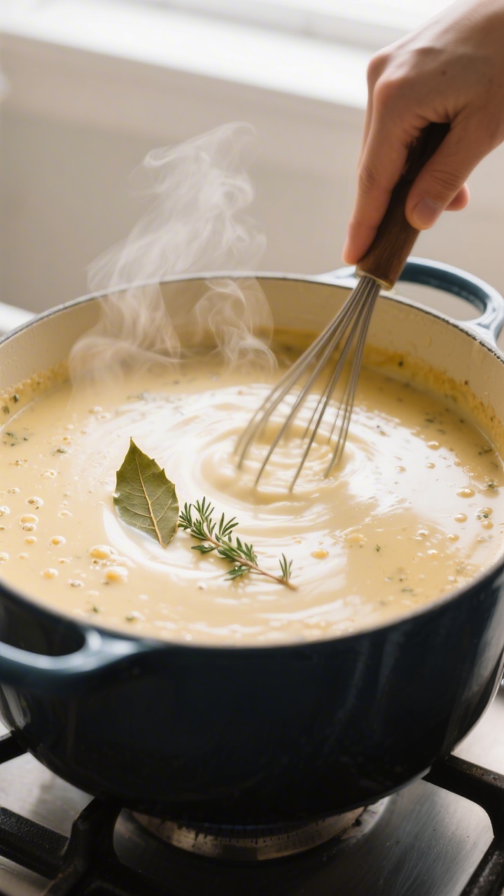 Cooking process close-up: A silky cream base for cream of chicken soup being whisked gently in a Dut