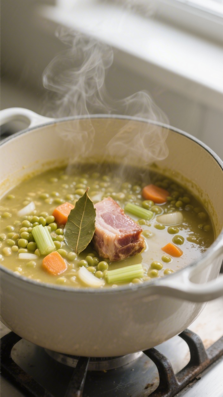 Cooking process close-up: A simmering pot of split pea and ham soup mid-cook, peas breaking down int