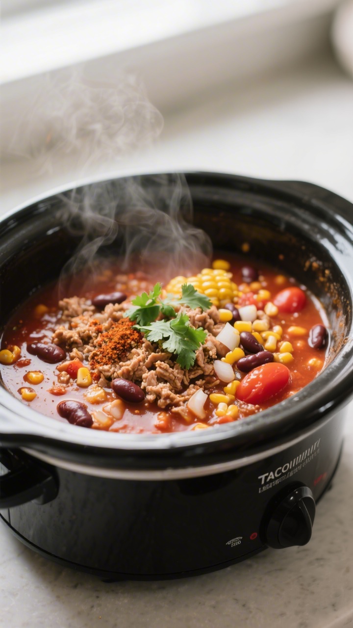 Cooking process close-up: A steamy, simmering crock pot of taco soup on Low, captured at the moment