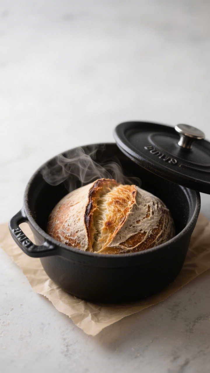 Cooking process close-up: A taut, scored sourdough boule just loaded into a preheated Dutch oven, li