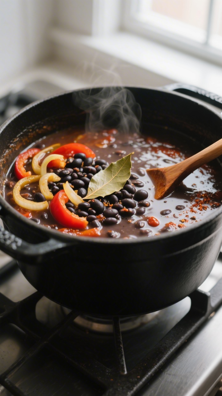 Cooking process, close-up detail: A shallow-depth-of-field close-up of black bean soup simmering in