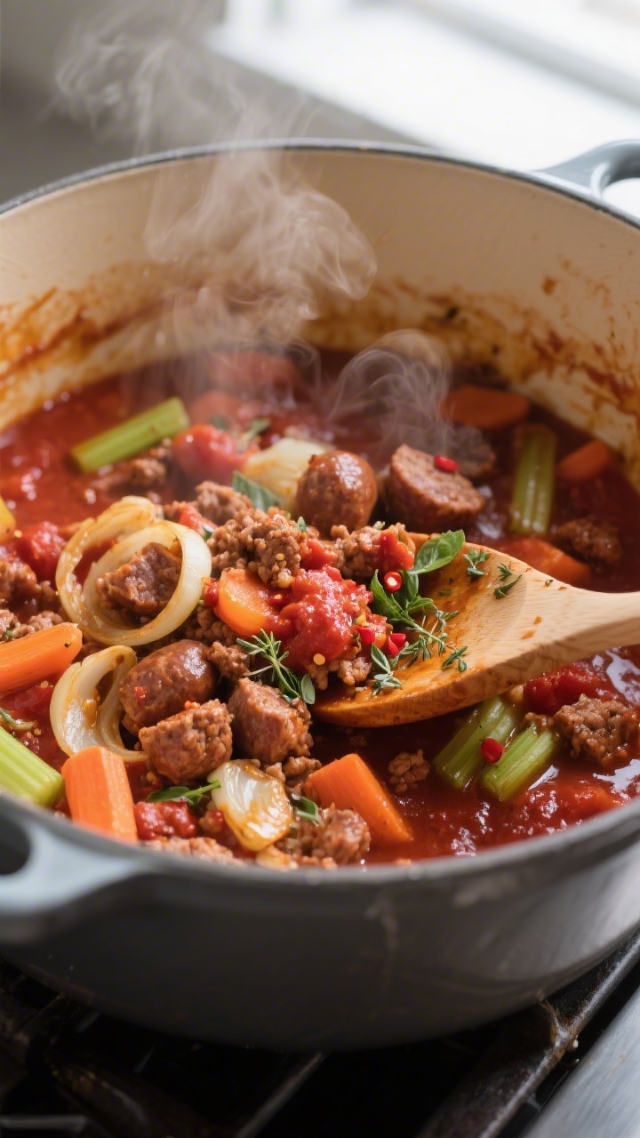 Cooking process, close-up detail: Deep Dutch oven shot of browned Italian sausage crumbles nestled w