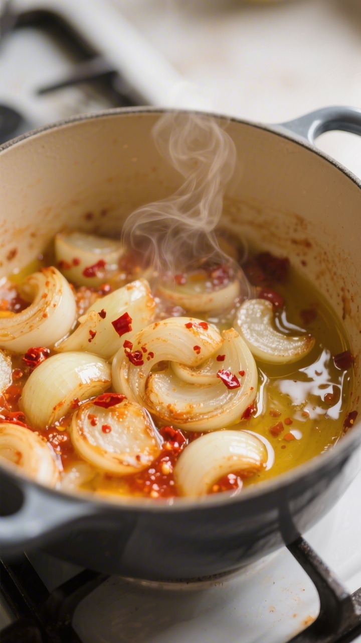 Cooking process, close-up detail: Sautéed onions turning translucent with specks of caramelized tom