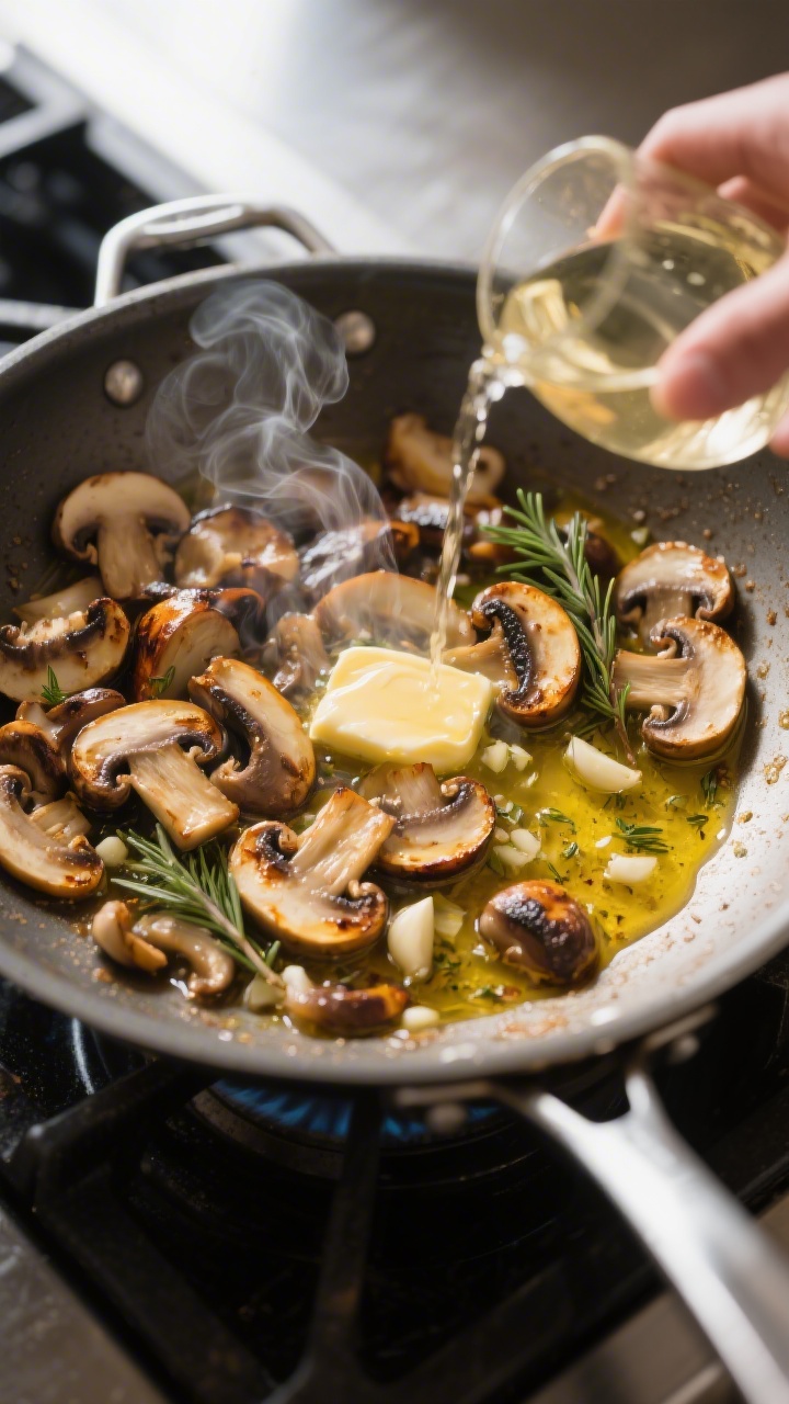 Cooking process close-up: Sliced mixed mushrooms deeply browning in a wide, heavy pot, golden edges