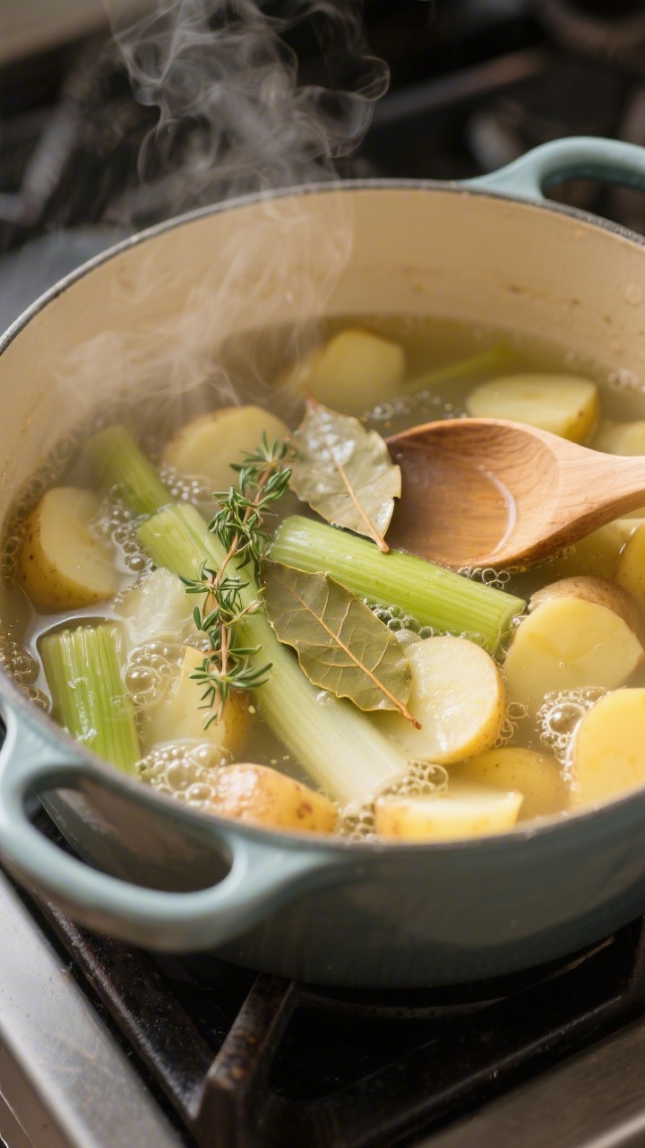 Cooking process close-up: Softened leeks and tender potato chunks simmering in a Dutch oven with veg