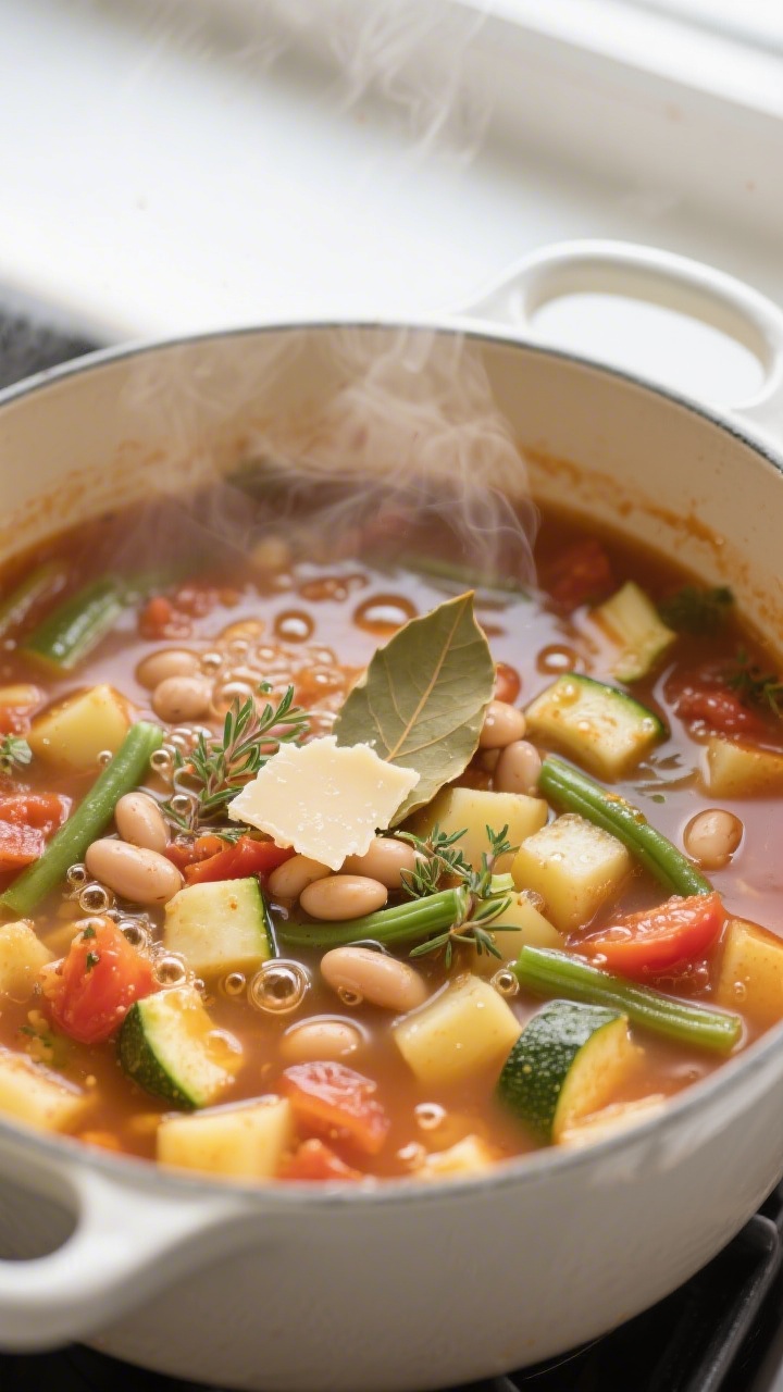 Cooking process, close-up: Steam-kissed pot of vegetable soup mid-simmer, showing tender diced potat