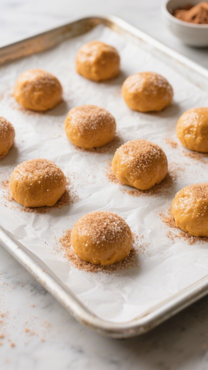 Cooking process: Dough balls freshly rolled in cinnamon-sugar and lightly flattened to about 3/4-inc