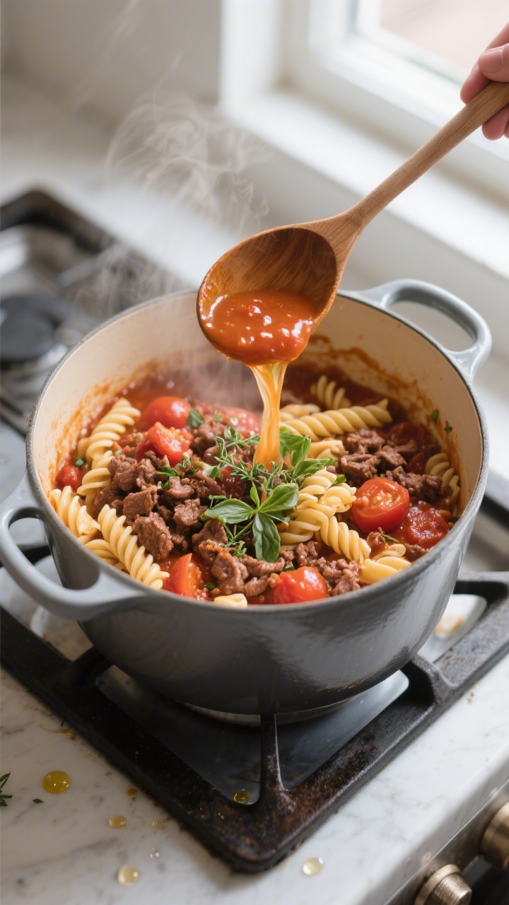 Cooking process: Dutch oven scene with the beef pasta sauce gently simmering—browned crumbled beef