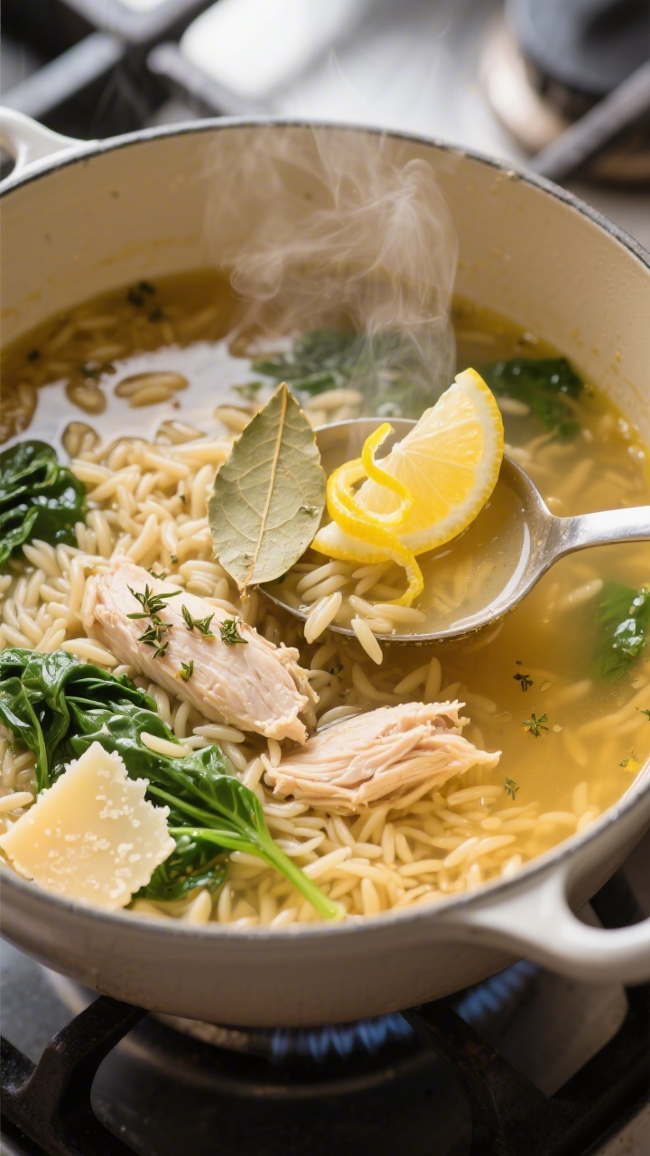 Cooking process — Lemon chicken orzo soup simmering in a wide, shallow Dutch oven: orzo just added